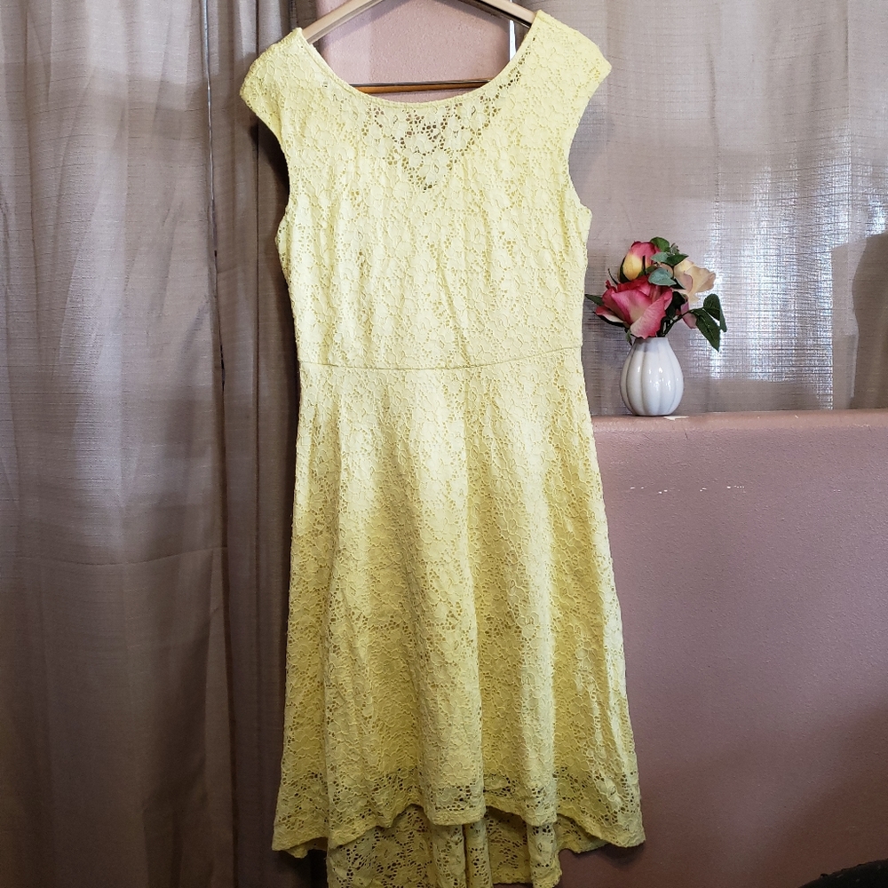 Yellow lace midi dress spring and summer